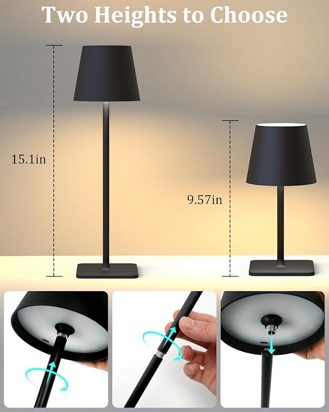 Cordless Table Lamp Rechargeable Lamps: 6000mAh Battery Operated Table Lamp Outdoor Waterproof, Touch Control, Portable Wireless Desk Lamp for Dinner/Bedroom/Restaurant(Black 2 Pack)
