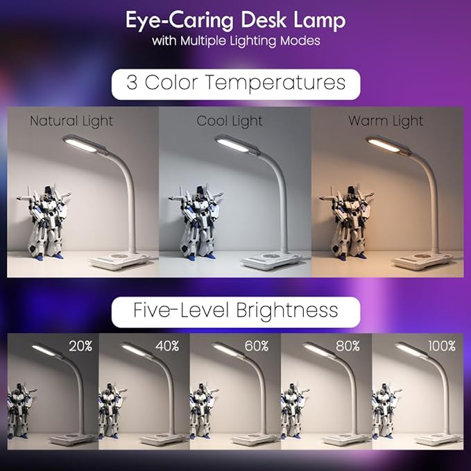 WILIT Desk Lamp with Wireless Charger, Music Sync RGB Color Changing Lights, Gaming Lamp with USB Charging Port, Touch Control Table Lamp, Desktop Light for Home Office Dorm Room, Birthday Gifts