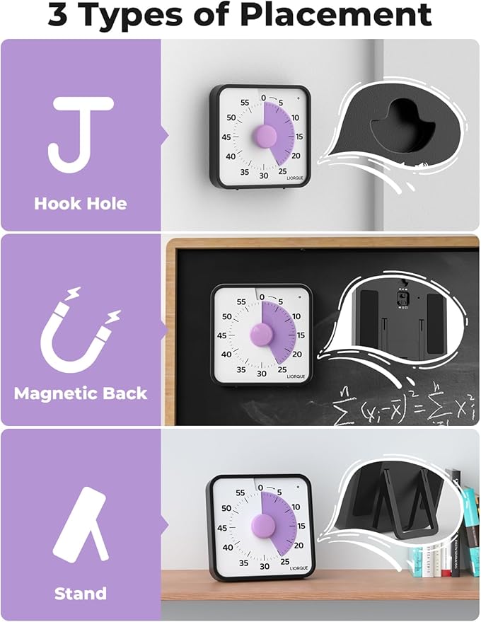 LIORQUE 60 Minute Visual Timer for Kids and Adults, Non-Ticking 7.5 Inch Large Visual Countdown Timers for Classroom Desk Countdown Clock with Magnetic Backing, Kids Pomodoro Timer Clock