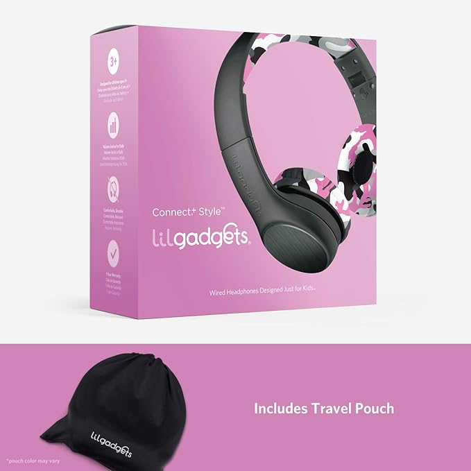 LilGadgets Connect+ Style On-Ear Kids Headphones with Microphone - SharePort Technology, SoftTouch Padding, Detachable Cable, Noise Reduction, Durable & Adjustable - Pink Camo - Wired Headphones