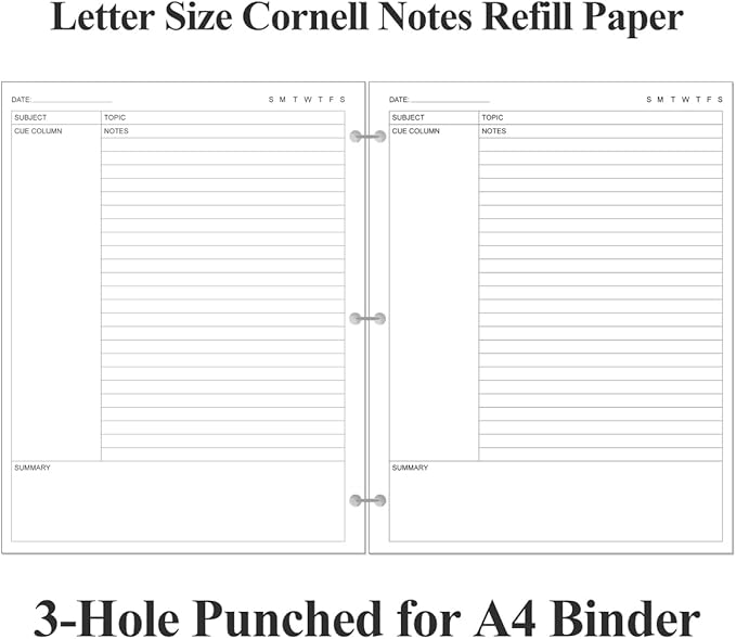 (3-Pack) A4 Cornell Notes Filler Paper - 3 Hole Cornell Notes Loose Leaf Paper, 150Sheets / 300Pages, 100gsm,White, 8.5'' x 11''