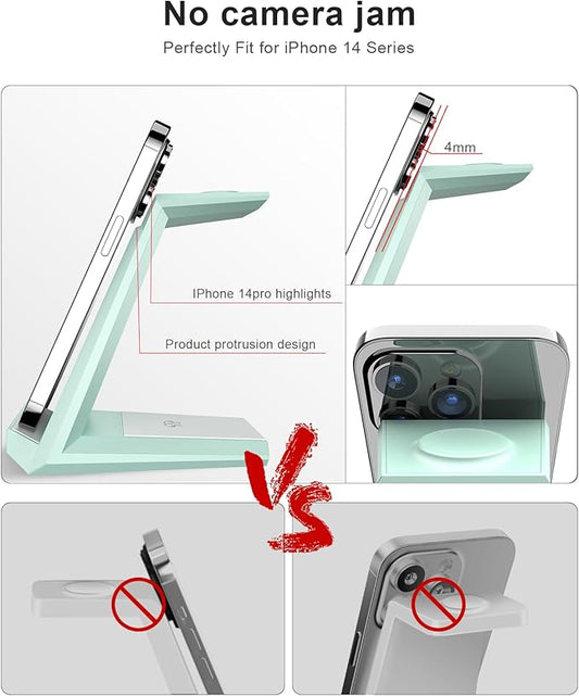 Wireless Charging Station for iPhone - ADADPU 3 in 1 Charger Stand for iPhone 17 16 15 14 13 12 11 Pro Max XR 8 Plus, Wireless Charging Dock for Apple Watch 9/8/7/SE/6/5/4/3/2, AirPods Pro/3/2 (Green)