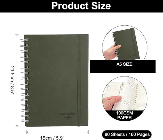 PATIKIL Undated Daily Planner with Hourly Schedule, A5 5.5"x 8.5" To-Do List Hard Cover Spiral Notebook Appointments Planner with Inner Pocket to Organize Daily Tasks Agendas, Green