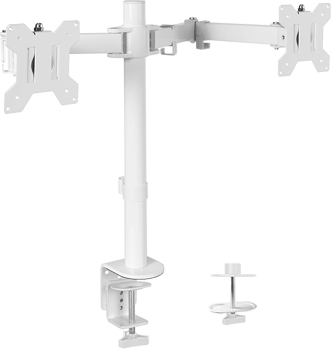 VIVO White Dual 13 to 27 inch LCD LED Monitor Desk Mount Stand with C-clamp and Bolt-Through Grommet, Heavy Duty Fully Adjustable Arms for 2 Screens STAND-V002W