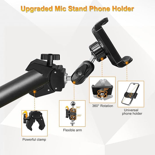 Phone Holder for Mic Stand, Treadmill, Spin Bike, Stroller, Adjustable Clamp on Phone Holder for Microphone Stand, Desk Pipe Pole Clamp Phone Mount Stands for iPhone Samsung All Smartphones (Standard)