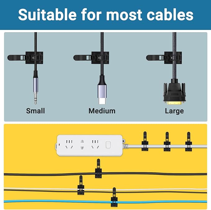 Segarty Cable Organizer Clips, 100 PCS Small Black Adjustable Cords Ties Clamps Self Adhesive Wire Holder Ideal Cord Management for Hanging Tidying Wires for PC Desk Car Wall Office Home Outdoors
