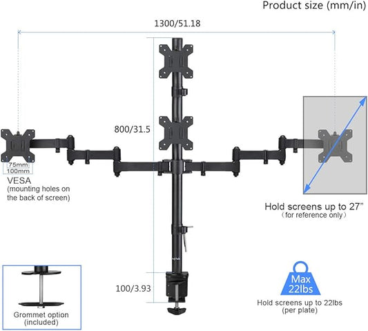 Suptek Quad LED LCD Monitor Stand up Desk Mount Extra Tall 31.5 inch Pole Heavy Duty Fully Adjustable Stand for 4 (3+1) / Four Screens up to 27 inch (MD6864)