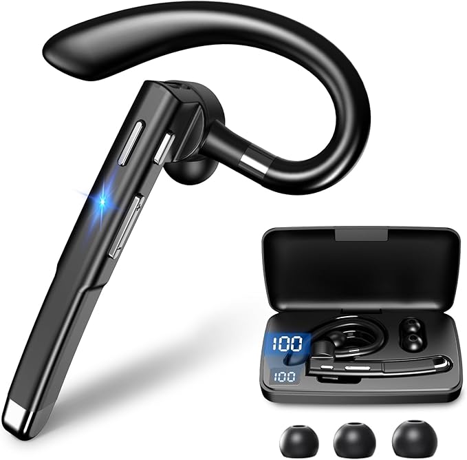 Bluetooth Headset, 100Hrs Talk Time Noise Canceling Wireless Earpiece with 500mAh Charging Case, Built-in Dual Microphone 270ยฐ Rotatable Hands Free Headphones for Trucker/Office/Business/Home/Driving