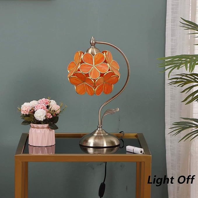 Bieye L10753 Tiffany Style Stained Glass Flower Petal Table Lamp with Brass Base for Home Décor (Orange, 8" Cherry Blossom)