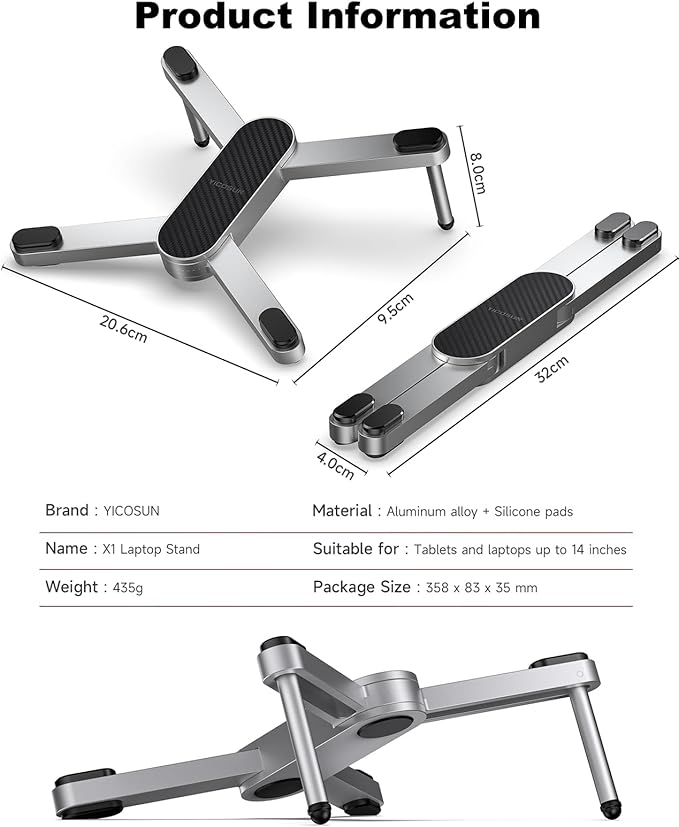 New Concept Laptop Stand - Adjustable Ergonomic Aluminum Riser for MacBook Pro/Air up to 15.6” - Foldable & Portable Computer Stand for Desk, Students, Office, Travel, Gaming - Silver
