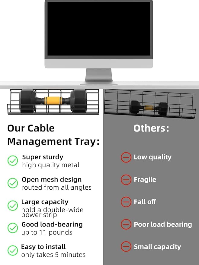 2 Pack DELAMU Under Desk Cable Management Tray, Large Metal Cord Organizer, Office & Home Cord Wire Management Under Desk Shelf, Easy Install Pre-drilled Cable Organizer, Black