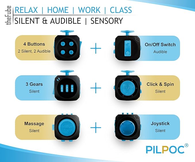 PILPOC theFube Fidget Cube, 6-Sided Stress Relief Infinity Cube for Adults & Kids, Boosts Concentration, Mindfulness Aid, Silent & Audible Modes, Includes Carry Case for Portability (Midnight)