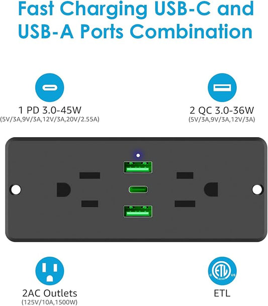 HHSOET 5 in 1 Recessed Power Strip Flat Plug, 45W Fast Charging Furniture Outlet with USB, Conference Recessed Socket with 2 AC Plugs, 2 USB Ports 1 USB-C, 6ft Power Cord. (Black)