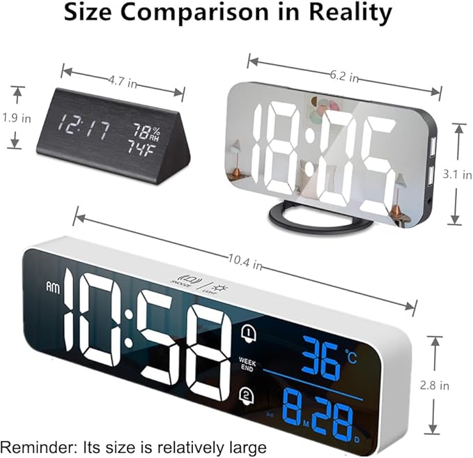 Hournor Digital Clock, Clock for Bedroom, Digital Wall Clock, Clocks for Living Room Decor, Desk Clock, Table Clock, Digital Clock Large Display, Smart Alarm Clock for Office (Wired White+Blue Digit)