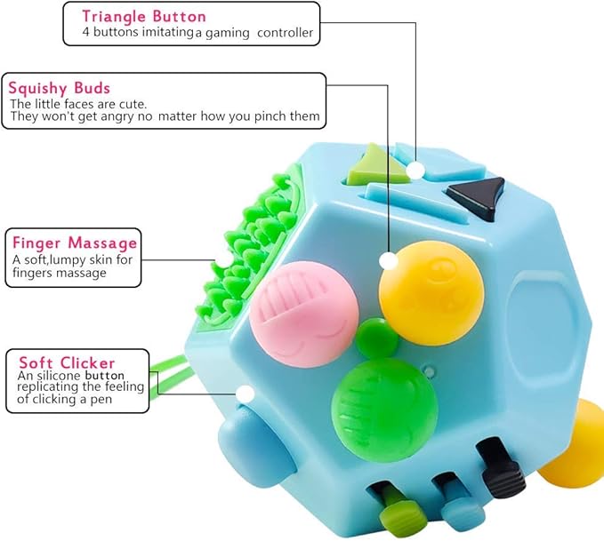 12 Sided Finger Cube Toys, Fidget Toys Relief Stress, Autism and Anxiety Depression for Kids Adults (Blue, Normal)