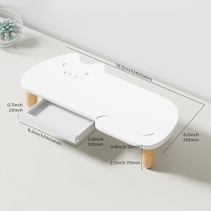 Monitor Stand Riser,Cat-Shaped Sturdy Wood Computer Monitor Stand, Monitor Stand Riser, Multi-Purpose Desktop Organizer Riser for Computer,Laptop,Printer,TV,White