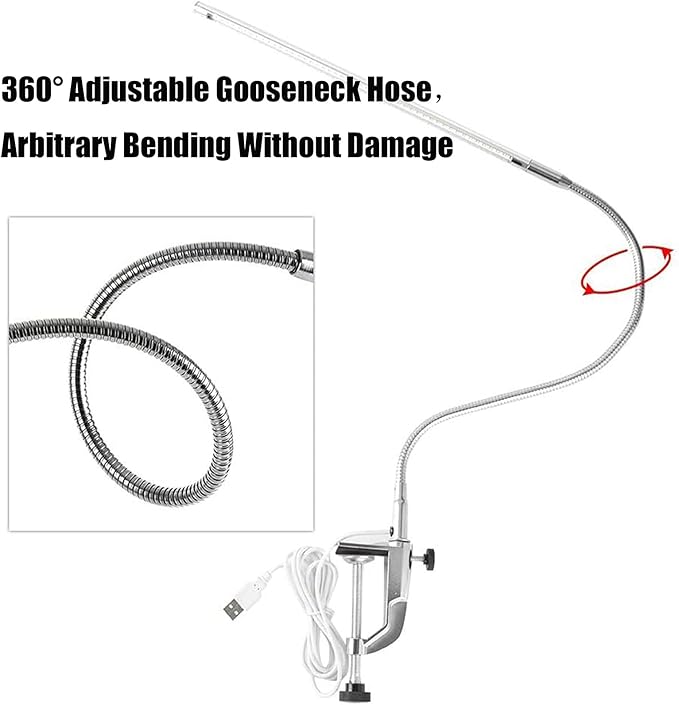 Desk Light with Clamp, USB LED 8W Clip Nail Desk Lamp Eye Care Flexible Gooseneck 360° Clamp Light for Manicure Reading Eyebrow Office Tattoo