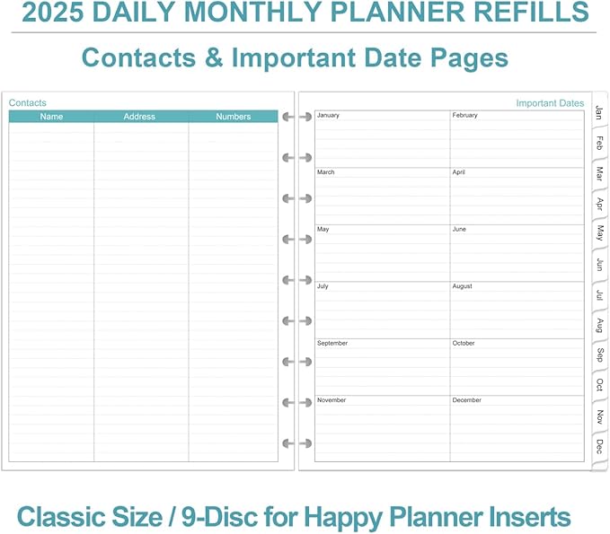 2025 Planner Refills for 9-Disc Disbound Pre-punched Happy Planners Inserts - One Page Per Day, January 2025 to December 2025, Prioritized, To-Do List, Appointment Schedule, 7" x 9.25"