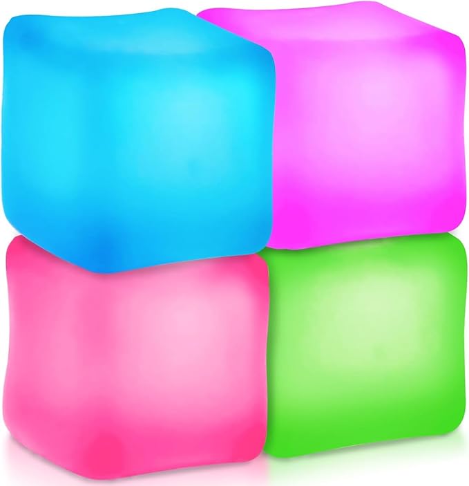 4Pcs Stress Cube Squishy Toys, Slow Rising Ice Cube Stress Balls, Sensory Fidget Toys for Anxiety Relief, Sensory Ice Nee Cube Gel Filled Squishy Ball Toys for Kids Adults(Green, Blue, Purple, Pink)