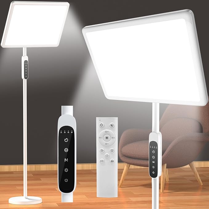 Light Therapy Lamp, 12,000 Lux Full Spectrum Sunlight Lamp, UV-Free Sun Lamp, Remote Control/4 Color Temp/5 Brightness/4 Timer & 3 Height Adjustable Floor Lamp for Home, Office & Living Room