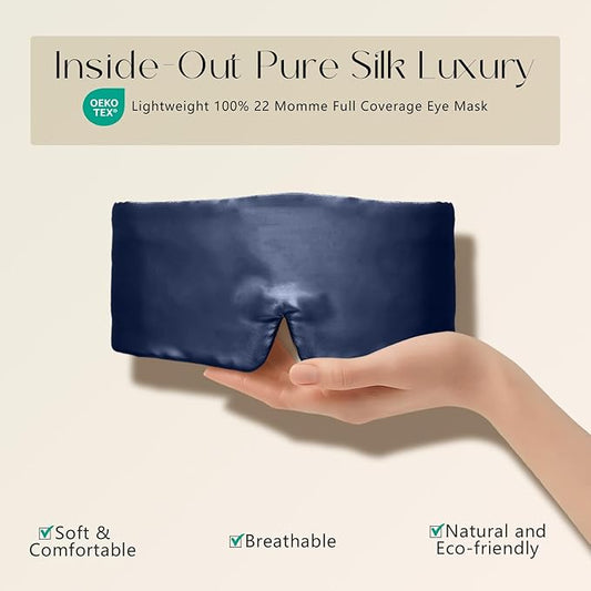 ZIMASILK 100% 22 Momme Mulberry Silk Sleep Mask - Full Silk Filled, Ultra-Soft & Breathable, Face-Hugging Blackout Eye Cover for Sleeping (Navy Blue)