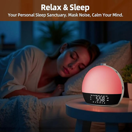Sunrise Alarm Clock Sound Machine, Wake Up Light with Sunset Simulation, Dimmable Clock with Bluetooth Speaker for Bedroom, Night Light & 25 Sleep Sounds, White Noise Machine for Adults & Kids