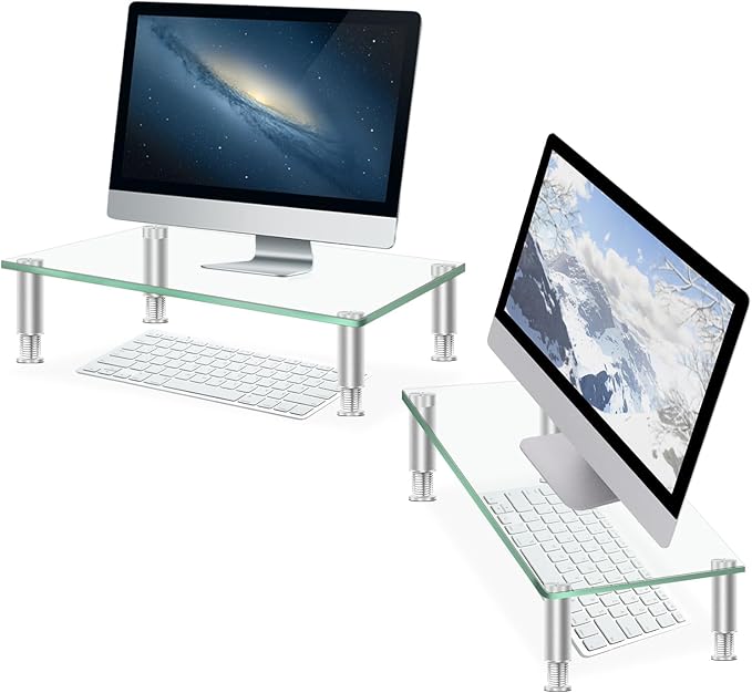 Tempered Glass Monitor Riser with Height Adjustable, Clear Computer Monitor Stand for Desk, Laptop TV, Desk Organization, 2Pcs, 15L x9.45W x3.75H Inches