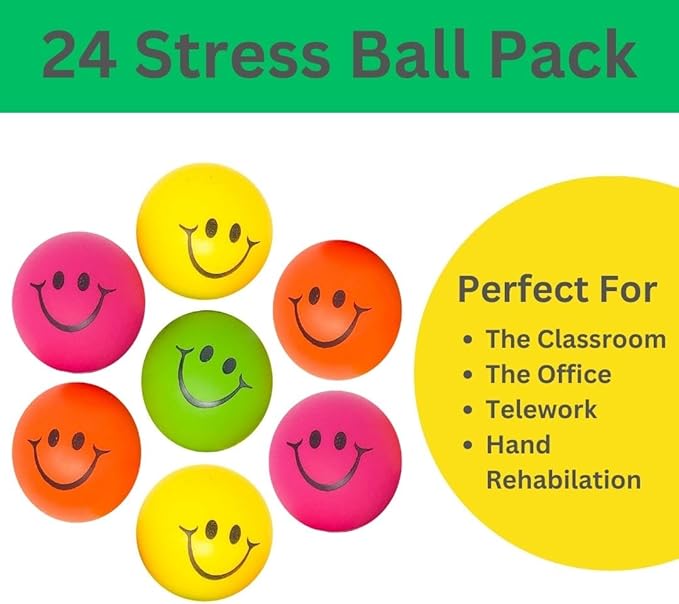 Podzly 24 Pack Smiley Face Stress Balls - Bulk Colorful Neon Squeeze Face Ball - Fidget Squishy Toys - Ideal for Classrooms, Anxiety Relief, Gifts, Party Favors, Autism & Self-Regulation Therapy
