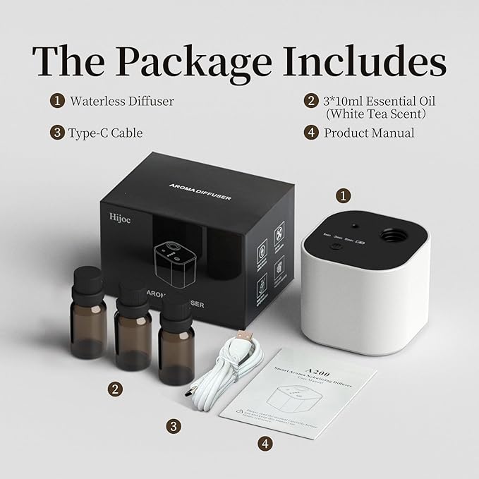 Waterless Essential Oil Diffuser Scent Diffuser with Battery Operated,Cycle Star,3 Mist Modes,Cordless Diffusers for 400 sq.ft Home Bedroom Office Desk,Includes 30ml Oil,White