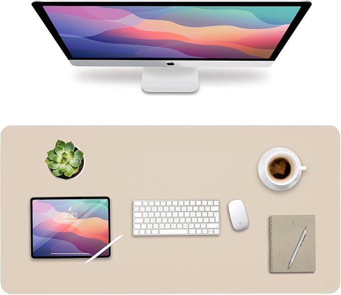 Vine Creations Leather Desk Mat, 44" x 22" - Desk Protector Pad, PU Leather, Large Non-Slip Mouse Pad & Blotter, Beige