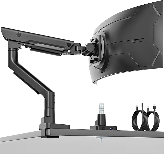 monTEK Sleek Aluminum Monitor Arm for 17–57” Ultrawide Screens up to 59 lbs, USB 3.0 A/C, Heavy Duty Single Monitor Arm Desk Mount, Pneumatic Lift, Quick-Release Plate, Clamp/Grommet, VESA 100x100
