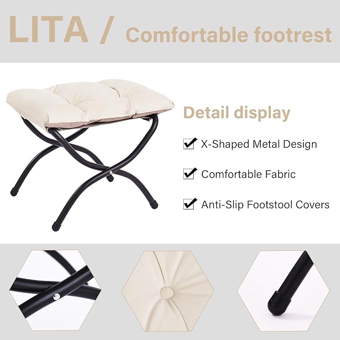 LITA Folding Upholstered Footrest Stool, Modern Small Portable Accent Ottoman with Detachable Thick Cotton Cushion Padded Sofa Stool with Metal Frame for Lazy Chair, Living Room & Bedroom, Beige