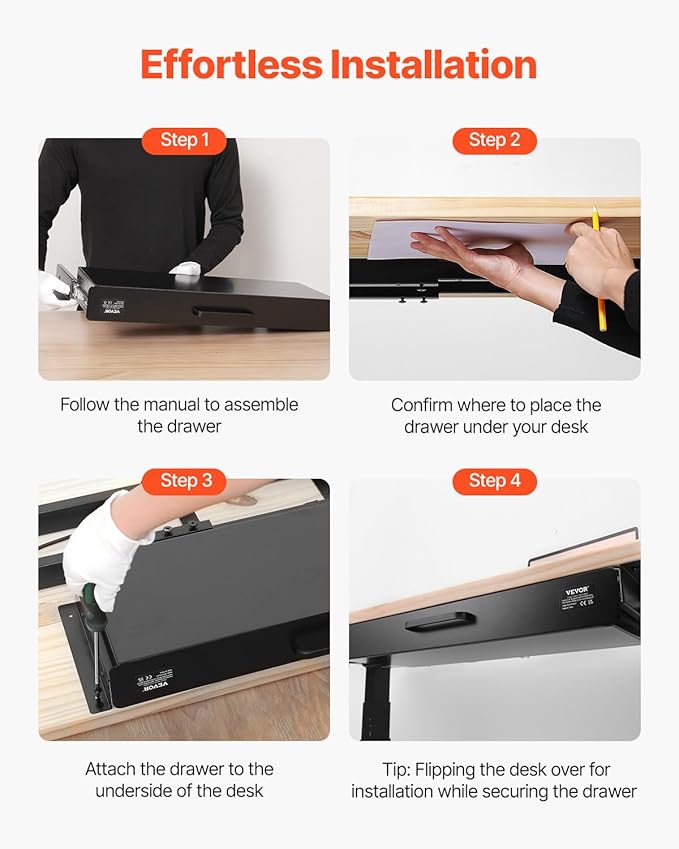 VEVOR Under Desk Drawer Slide Out, 22 inch Under Desk Mounted Pull-out Drawer Attachment, Hidden Under Counter Drawers for office Home Sit Stand Workstation, Black