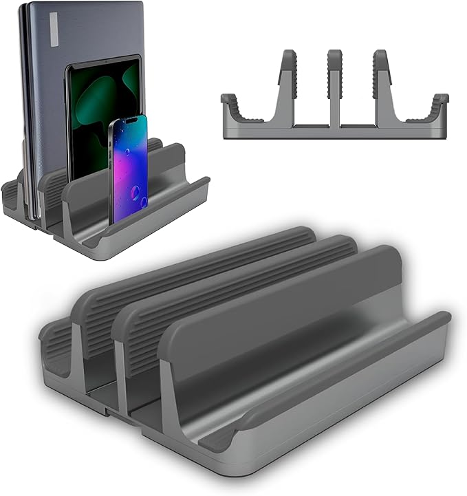 Elestoria 4 Device Vertical Laptop Stand – Adjustable Desktop Dock for MacBook, Dell, HP, Lenovo, iPad, Tablets & Phones – Multiple Slot Holder (Fits Up to 17.3") – Gray