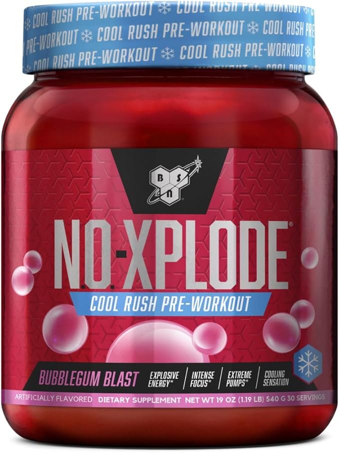 BSN N.O.-XPLODE Cool Rush Pre Workout Powder, Preworkout Energy Supplement for Men and Women with Creatine and Beta-Alanine, New Flavor: Bubblegum Blast, 30 Servings