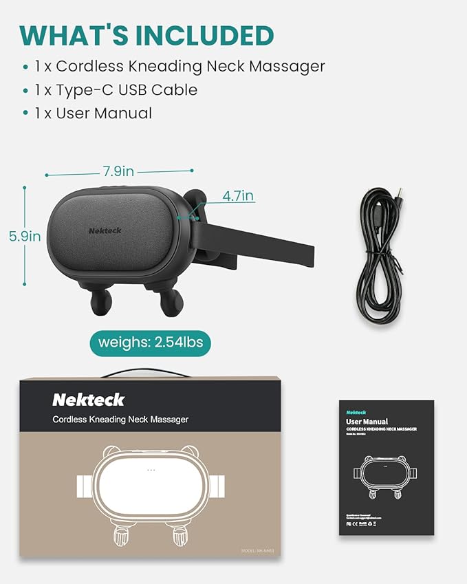 Nekteck Cordless Neck Massager, Shiatsu Neck and Back Massager with Heat, FSA Eligible Gift, Deep Tissue 6D Kneading Massage Pillow for Neck Shoulder Pain Relief, Ideal Christmas Gifts for Men Women