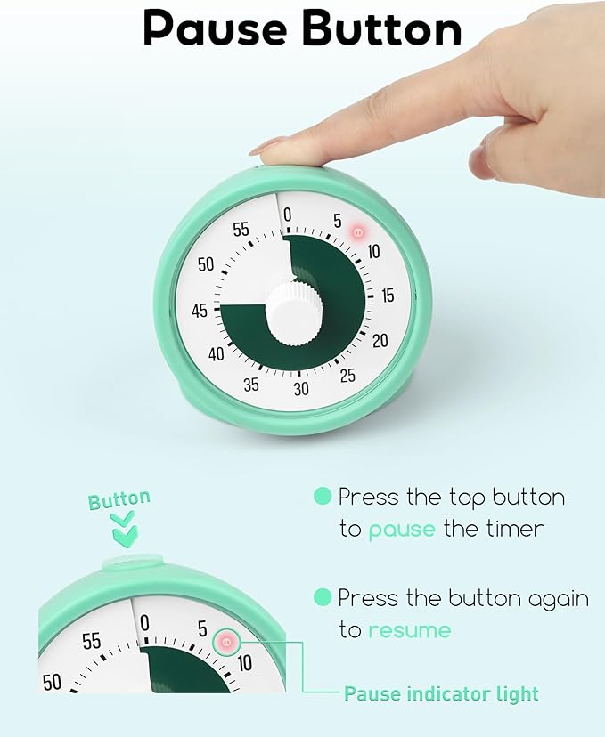 Visual Timer for Kids with Pause Button, 60-Minute Countdown Timer with Silent Operation, Desk Pomodoro Timer Kid Time Management Tools for Classroom, Office and Kitchen, Light Green