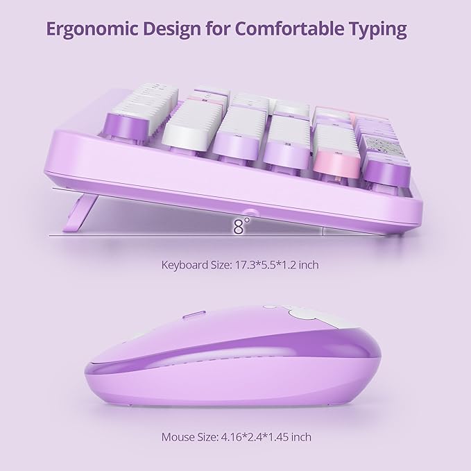 GTSP Typewriter Purple Keyboard and Mouse Wireless, Cute Keyboard 2.4G Office Full-Size Retro with Round Keycaps for Laptop PC Desktops(Purple)