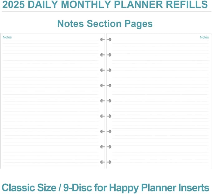 2025 Planner Refills for 9-Disc Disbound Pre-punched Happy Planners Inserts - One Page Per Day, January 2025 to December 2025, Prioritized, To-Do List, Appointment Schedule, 7" x 9.25"