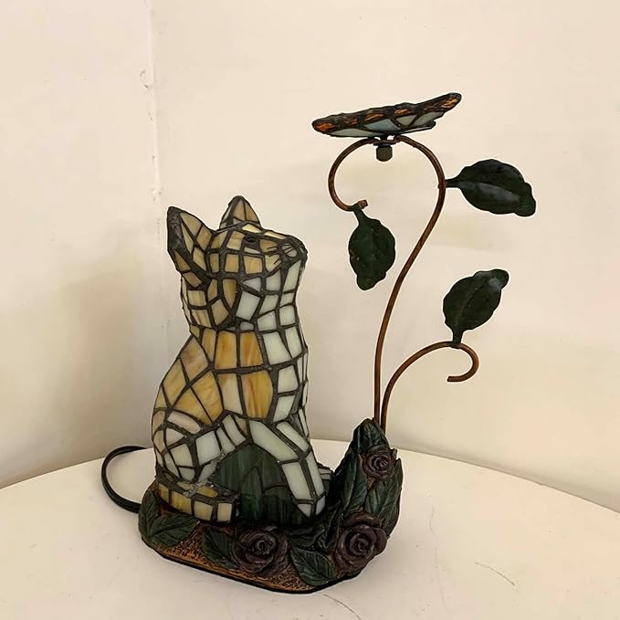 Bieye L10891 Tiffany-Style Stained Glass Cat Accent Table Lamp - Adorable Orange Cat Watching a Butterfly - 10-Inch Tall