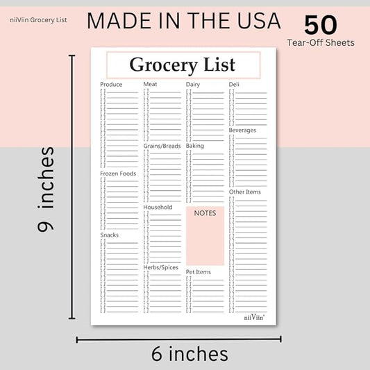 Grocery Shopping List Notepad - 6"x9" Grocery Checklist with Categories and Notes, Thick 105 GSM Paper, 50 Sheets, Easy Tear-Off and Take with You Pad for Food, Household, Pet, and Other Items