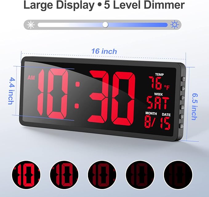 YORTOT 16" Digital Wall Clock Gym Timer with 7 Colors Light & Remote Control - Larger LED Display with Indoor Temperature | Date, Workout Timer with Count Down & Up | Stopwatch for Home Gym Garage