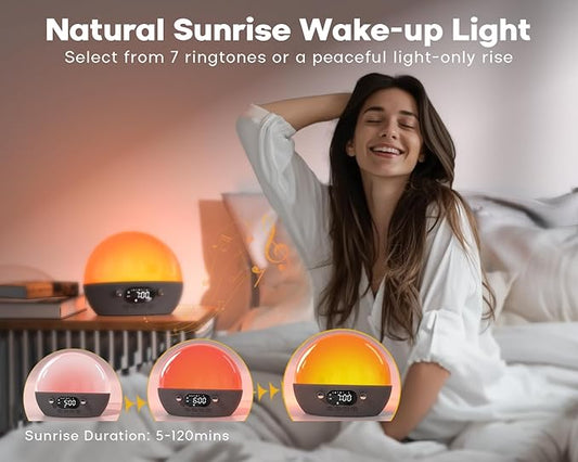 MOMILLA Sunrise Alarm Clock with Bluetooth Speaker, White Noise Sound Machine for Sleep, Clocks for Heavy Sleepers Bedrooms for Kids Adults, Wake up Light Night Lights Sunset Lamp