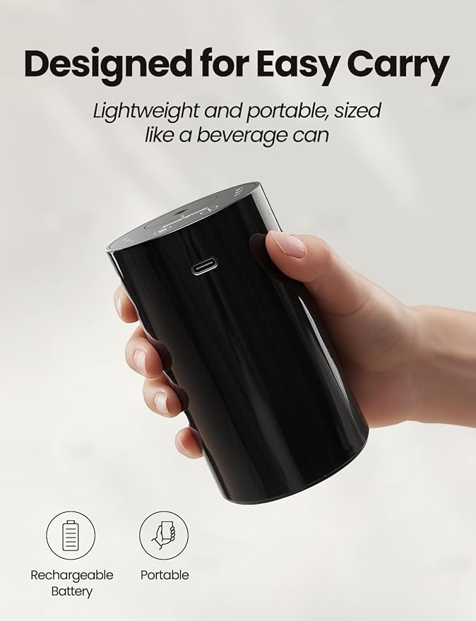 Waterless Essential Oil Diffuser, Portable Aromatherapy Diffuser with 20mL Capacity, Battery Operated Mini Scent Diffuser,3 Mist Levels & Timers, Leak-Free, for Home, Car, Office (Black)