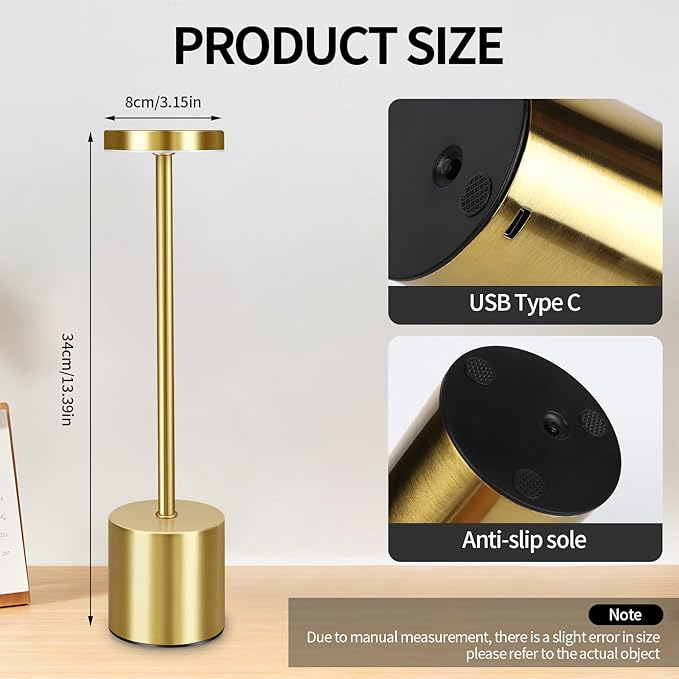 2 Pack Rechargeable Cordless Metal Table Lamps, LED Bedside Lamps with 3-Color Dimming, Portable Small Desk Lamps for Bedroom, Outdoor, Restaurant, Bar, Café, Camping Use