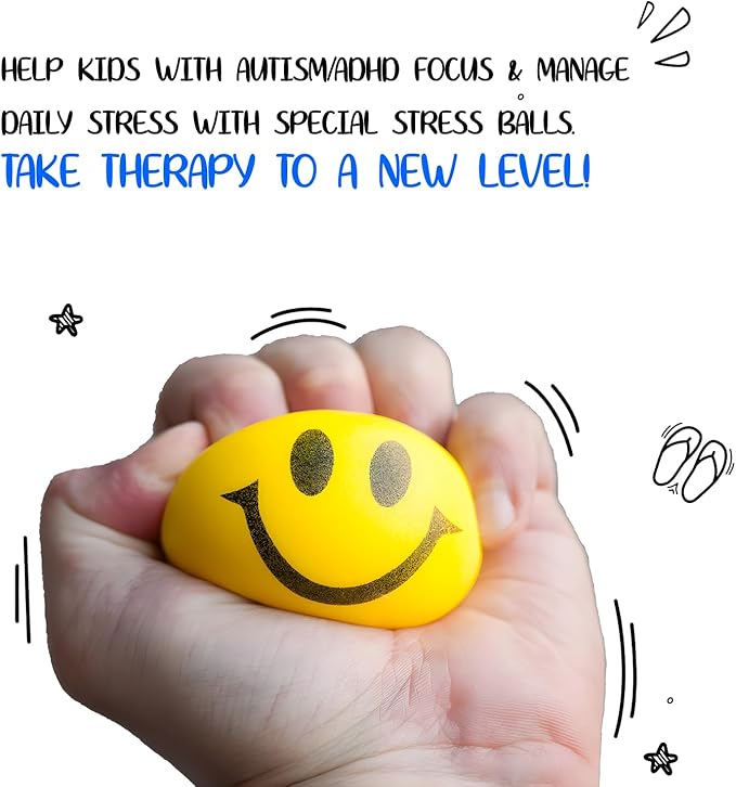 Neliblu Neon Smile Stress Balls for Adults and Kids - Foam Squeeze Balls for Stress Alleviation, Relaxation and Fun - Pack of 12 Happy Face 2.5-Inch Stress Balls - Ideal for Parties, Therapy, and Toys