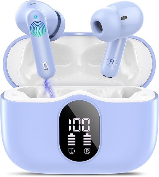Wireless Earbuds, Bluetooth 5.4 Headphones Bass Stereo, Ear Buds with Noise Cancelling Mic, IP7 Waterproof in Ear Earphones, 36H LED Display Bluetooth Earbuds for Laptop Pad Phones Sports, Pale Blue
