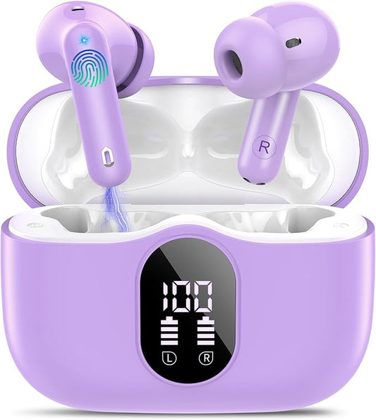 Wireless Earbuds, Bluetooth 5.4 Headphones Bass Stereo, Ear Buds with Noise Cancelling Mic, IP7 Waterproof in Ear Earphones, 36H LED Display Bluetooth Earbuds for Laptop Pad Phones Sports, Purple