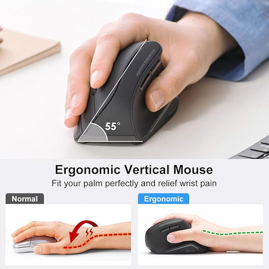 SANWA Bluetooth Ergonomic Mouse, Silent Click Wireless Ergo Vertical Mice, 3 Programmable Buttons, Reduce Wrist Pain, 800/1200/1600 DPI, Compatible with Mac, Laptop, Windows, Tablet, Phone
