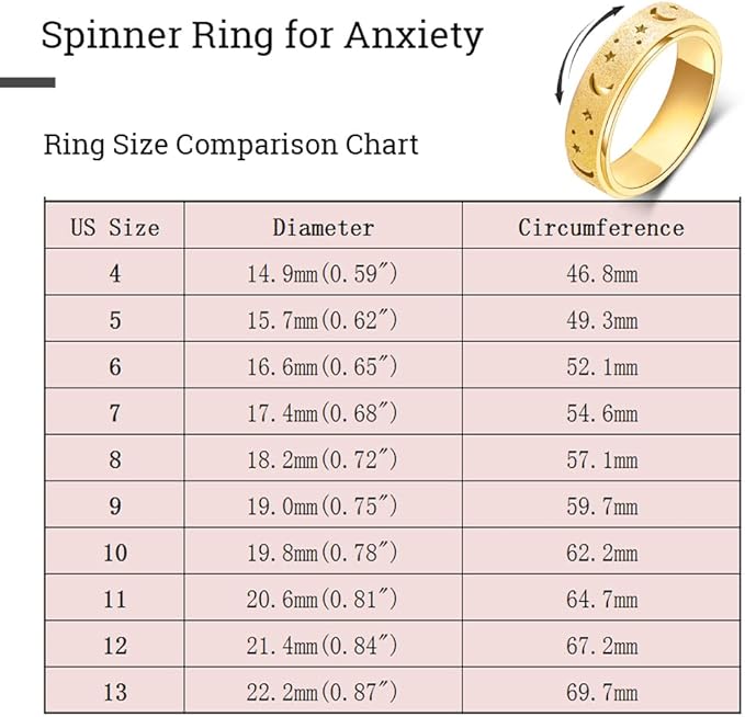 OreilleStar Anxiety Ring for Women Spinner Ring Stainless Steel Fidget Toys Adults Fidget Spinner Ring Fidgit Ring (Moon Star-Gold, 8)
